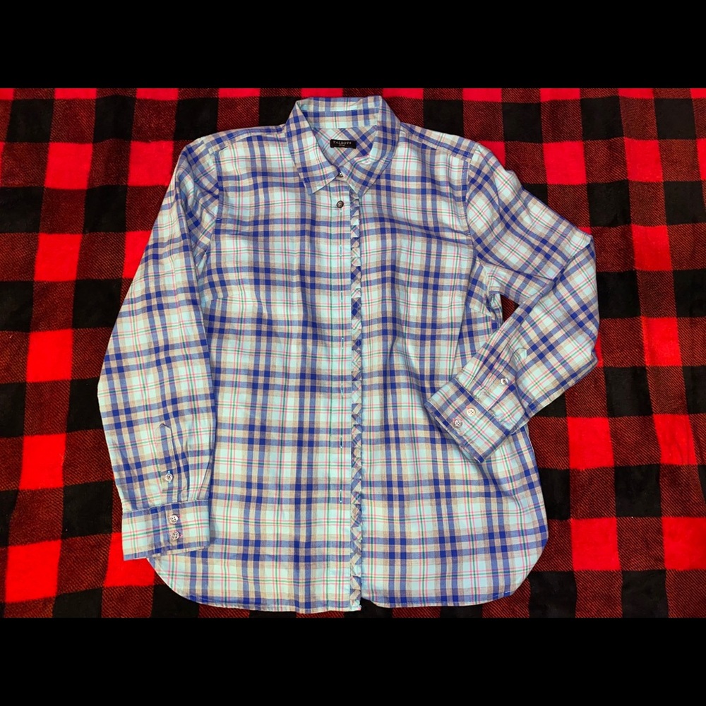 🥳HP🥳Talbots Petite blue plaid button down blouse